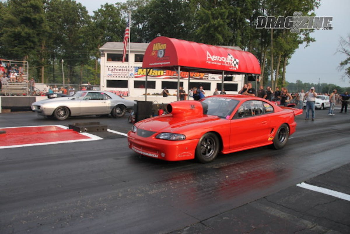 Butch Kemp, left lane, lines up against John Marcella and his Firebird during an All Motor race at Milan Dragway in Michigan. Marcella, of Marcella Manifolds, fabricated a billet runner intake manifold to sit atop  Kemp's 440 cubic-inch small-block Ford.
