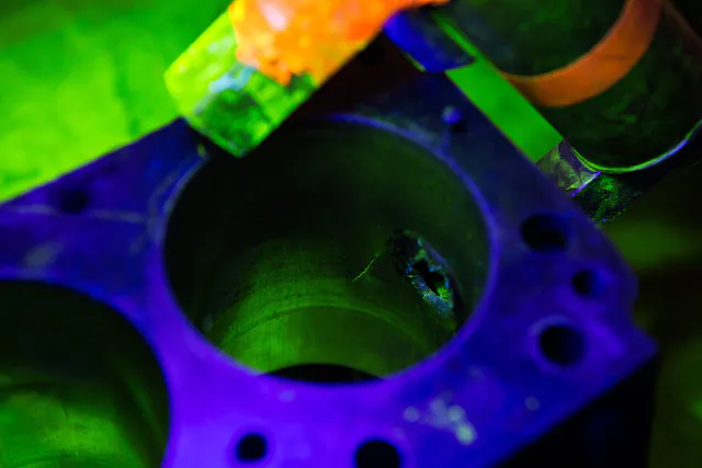 Magnafluzing the block revealed another crack in the cylinder wall from the impact.