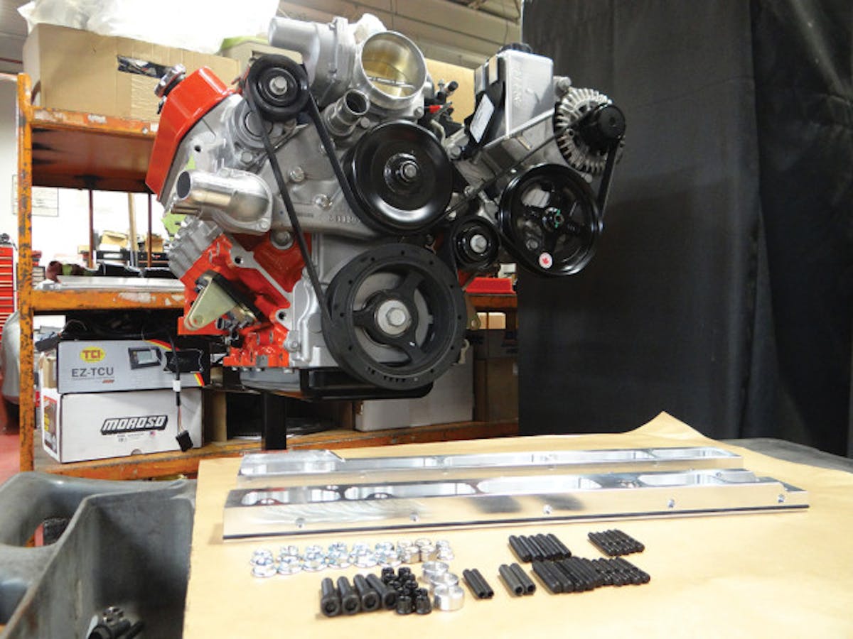 Moroso manufactures billet pan spacer kits (PN #22934). The kit allows stock LSX pans to bolt on to the skirtless LS Next block.