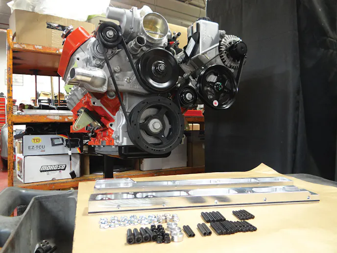 Moroso manufactures billet pan spacer kits (PN #22934). The kit allows stock LSX pans to bolt on to the skirtless LS Next block.