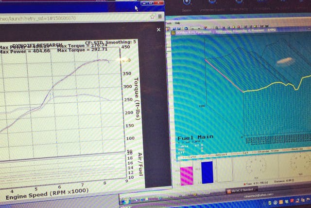 In this screenshot we can see the resultant power and torque curve from the actual dyno along with the shape of the VE table in the engine management system. Note the shape of the torque curve as compared to the VE curve. They are similar in shape as one would expect. Variations in the shape of these two curves indicates an error somewhere between the engine management system and the engine. Tecklenburg says. 'Perhaps a sensor but more than likely injector non-linearity.'