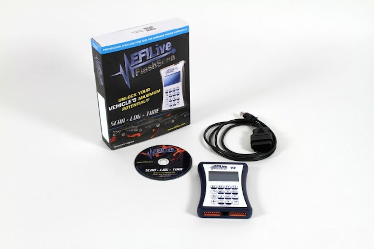 EFILive comes with the FlashScan V2 interface box, the EFILive software on disc, and cables to connect the FlashScan to your vehicle's OBDII port, to your computer, and to an external wideband oxygen sensor via RS232 serial interface.