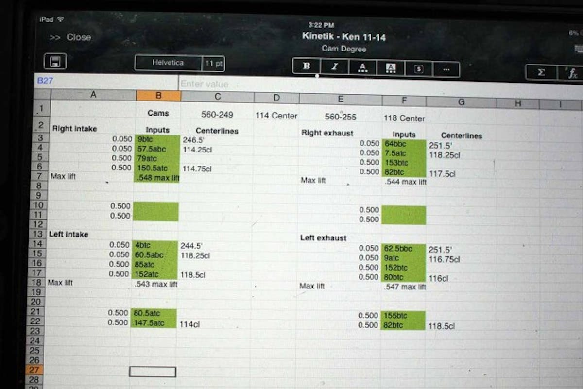 Here's an example of that attention to detail - each of the builders has an iPad that allows them to record all critical dimensions of the engine build. In this instance, hiel has recorded all of the timing events, which are inspected and verified by Rauscher before the engine is buttoned up.