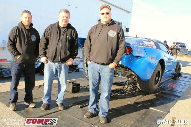 Robbie Massengale from RPM transmissions is here debuting his Corvette this weekend. He broke a rocker arm in testing and was unable to make qualifying yesterday and are waiting for UPS this morning with the replacement. From left to right, Wesley Cross, Robby Massengale and Kenny Johnson.