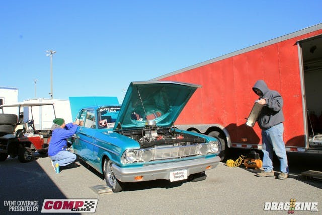 This gorgeous 64 Fairlane is owned by Lester Combs and driven by Jason McGrane out of Greenwood, Indiana. The car features a 585 cubic inch big block Ford from BES and runs naturally aspirated  in Ultra Street. They were switching to the MT Pro 275 this morning when I dropped by. Look for this car in a future feature here at Dragzine.com.