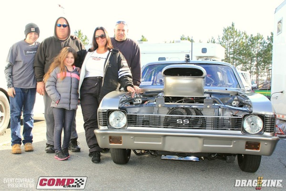 This 1972 Nova belongs to JoAnne Feliciano out of Long Island, NY and is here testing getting ready for the Outlaw Big Tire races up at Cecil County Maryland and Atco. The car was built by MI Performance with the engine done by Jack Boar topped with a Monte Smith nitrous set up.