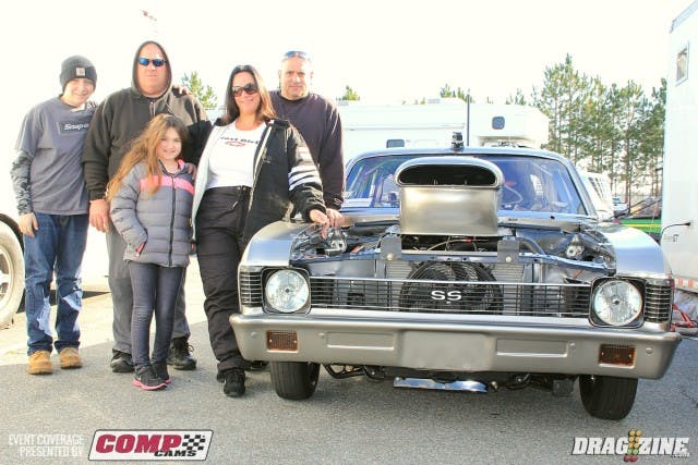 This 1972 Nova belongs to JoAnne Feliciano out of Long Island, NY and is here testing getting ready for the Outlaw Big Tire races up at Cecil County Maryland and Atco. The car was built by MI Performance with the engine done by Jack Boar topped with a Monte Smith nitrous set up.