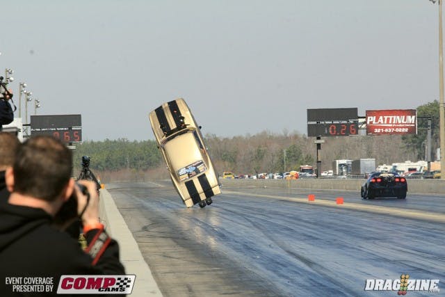 Dewayne Mills had a scary ride this afternoon in his PTC Radial vs the World Camaro riding out a wheelie that suddenly caught air under the car and went "flying". He nearly blew over completely with no part of the car touching the ground. He was out quickly after getting into the opposite side wall and coming to a stop