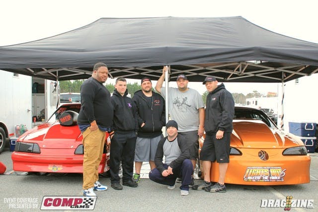 Red Alert Racing has two cars here this weekend, a No Time Grudge Fox body and Carmen Damiani's X275 SN95. Carmen's car is powered by a small Chevy displacing 434 cubic inches by Davis Race Engines and tuned by Jamie Miller. It's backed by an M&M trans with a Pro Torque converter. The complete build was done in house at Red Alert Refinishing outside on Philadelphia, PA. The grudge Fox was purchased from Jamie Miller as an unfinished car and finished up at Red Alert and runs a small block nitrous combo. 