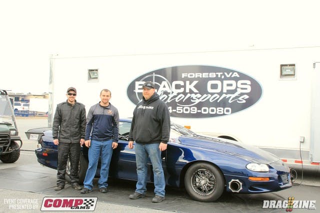 Matt Lawrence runs the Black Ops Motorsports Camaro in Ultimate Converter/Induction Solutions Ultimate Street and is the race debut for this car after swapping the combo from their Mustang last year and switching to methanol. He runs a Forced Inductions billet 76 mm turbo feeding a Kowalski Racing Engines LSX power plant in a Burkhart built chassis. Sponsors include Pick and Save Old Dominion Auto Salvage in Roanoke, Virginia. Black Ops is a performance parts shop doing installs, fabrication and dyno tuning all in house. From Left to right, Matt Lawrence, Matt Atkins and P.J. Hooper.