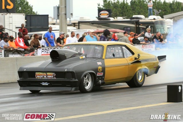 In Outlaw 275 Eric Greene faced off with Dan Saitz taking the tree with an .064 The Knoxville, TN racer has an 864 big Chevy powerplant, the largest listed in the class. He pulled a 4.750 at 149 to Saitz 4.77 at 159 earning the win.