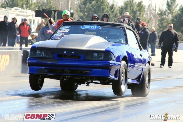 Rob Corujo yanked the wheels for a second before losing traction on this run. The track is cold and has been tricky for most racers testing today so far.