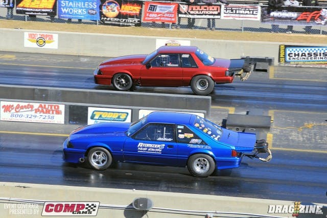 Rich Bruder did not have trouble running straight down track to the tune of 4.68. Rob Valden (far lane) however did not.