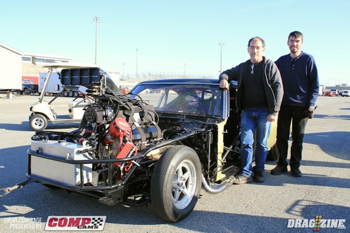Well you will never guess who we ran into in tech this afternoon. None other than Ron Fisher and his son Jacob. You may remember Ron's previous Chevelle that graced the Flowmaster Muffler poster dragging the bumper. Well he is back with another Chevelle, this one a blown big Chevy built at Scotty's Racing Technology in Spring Hill, Florida. The blower and fuel system are from Mike Janis and it's backed by a Neal Chance Racing Converter and Proformance Racing Transmission sending the power back to a 9.5 inch Mark Williams full floater rear. The Chassis was built by Robert Coady at Category 5 Race Cars. This is the debut weekend for the car. 