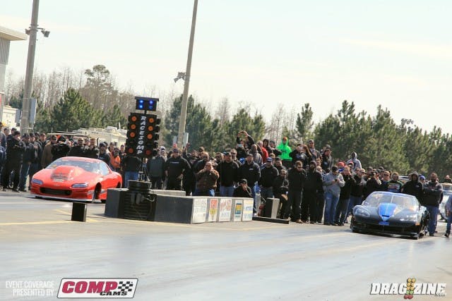 Nick Agostino (left)  was paired with Mark Woodruff in PTC Radial vs the World round one qualifying. Agostino would  go straight down the track to number one with a 5.08 at 192. Woodruff ran a 5.18 at 166, good for seventeenth after one session.