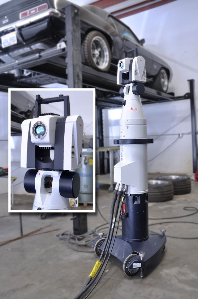 Development of the Drag Race Strut Clip before Chassisworks officially made the decision to build a strut clip for the first-generation Camaro. Shown is a laser scan of an original Camaro body for several development projects including the strut clip. This particular scanning system uses a stationary tracking base with an articulating head to follow a handheld laser scanner.