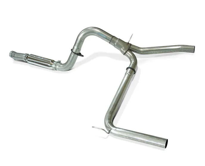 This look at the Loud Mouth fourth-gen system shows that, in comparison to a conventional exhaust system, the Loud Mouth is essentially a straight-through system with no muffler. That’s the key to its performance advantage and take-no-prisoners sound quality.