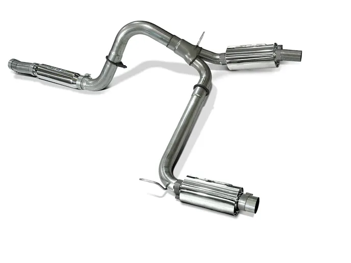 This shot of a PowerFlo-equipped Loud Mouth system shows how the mufflers and the original resonator are incorporated. With the conversion kit, the PowerFlo muffers are installed after length of the exhaust outlet pipes are cut off. SLP also offers a complete PowerFlo kit with the Loud Mouth II muffler and pre-kit outlet pipes.