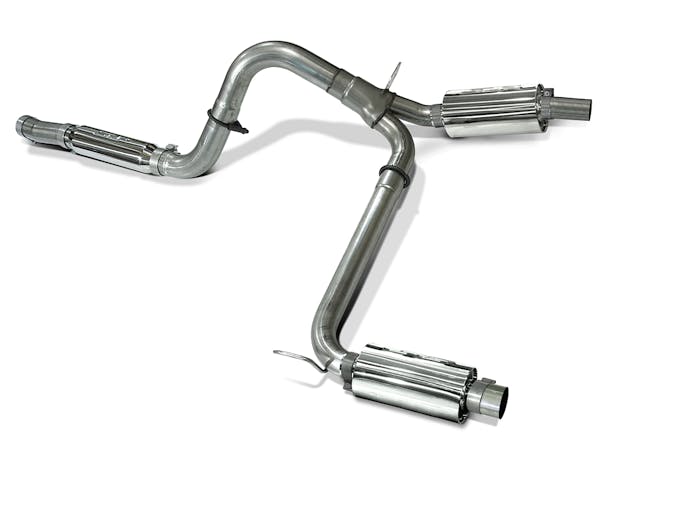 This shot of a PowerFlo-equipped Loud Mouth system shows how the mufflers and the original resonator are incorporated. With the conversion kit, the PowerFlo muffers are installed after length of the exhaust outlet pipes are cut off. SLP also offers a complete PowerFlo kit with the Loud Mouth II muffler and pre-kit outlet pipes.