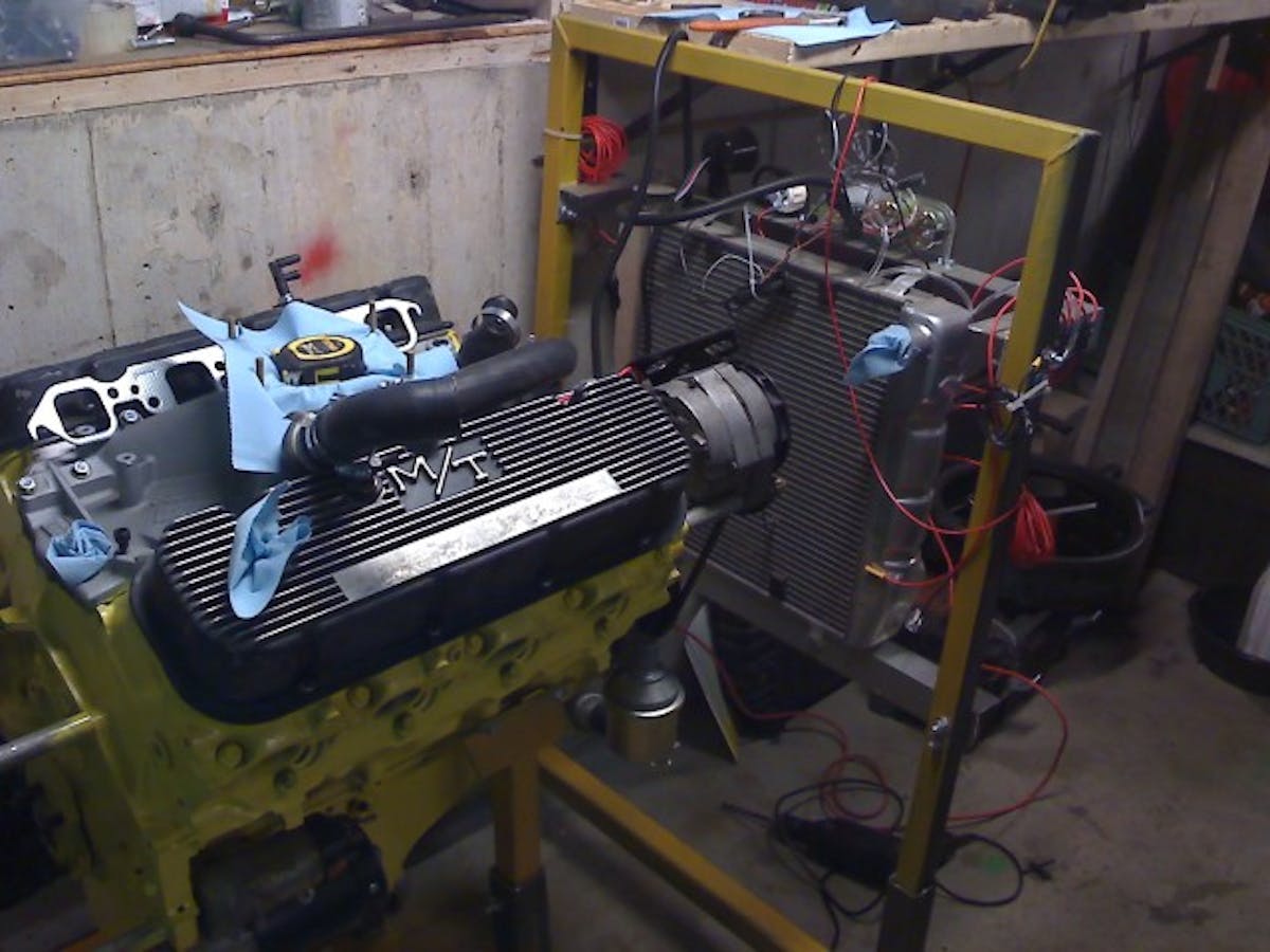 The garage-built test stand.