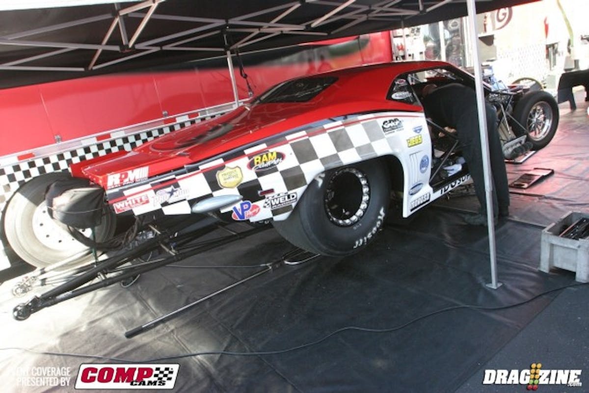 Trickie Ricky Smith was oe of the few Pro Mod drivers to make a full pass during Tuesday's test session. Smit's Bickel-built Camaro uses a Pat Musi powerplant on nitrous, and he was able to run a 5.89 at 246 mph, one of the fastest passes of the day.