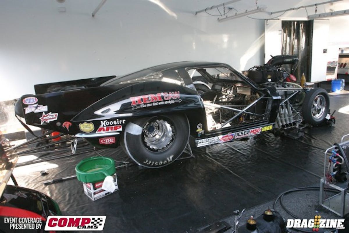 Another husband ad wife team is Gerry and Heather Capano. Gerry drives this '63 Corvette in Pro Mod with a supercharged Hemi combination. Gerry and Heather tested both yesterday and today, and were making test passes to get used to the car again, since this is the first time the couple's had the car out since last October. Gerry runs the Jerry Haas-built Corvette in both NHRA and PDRA competition.