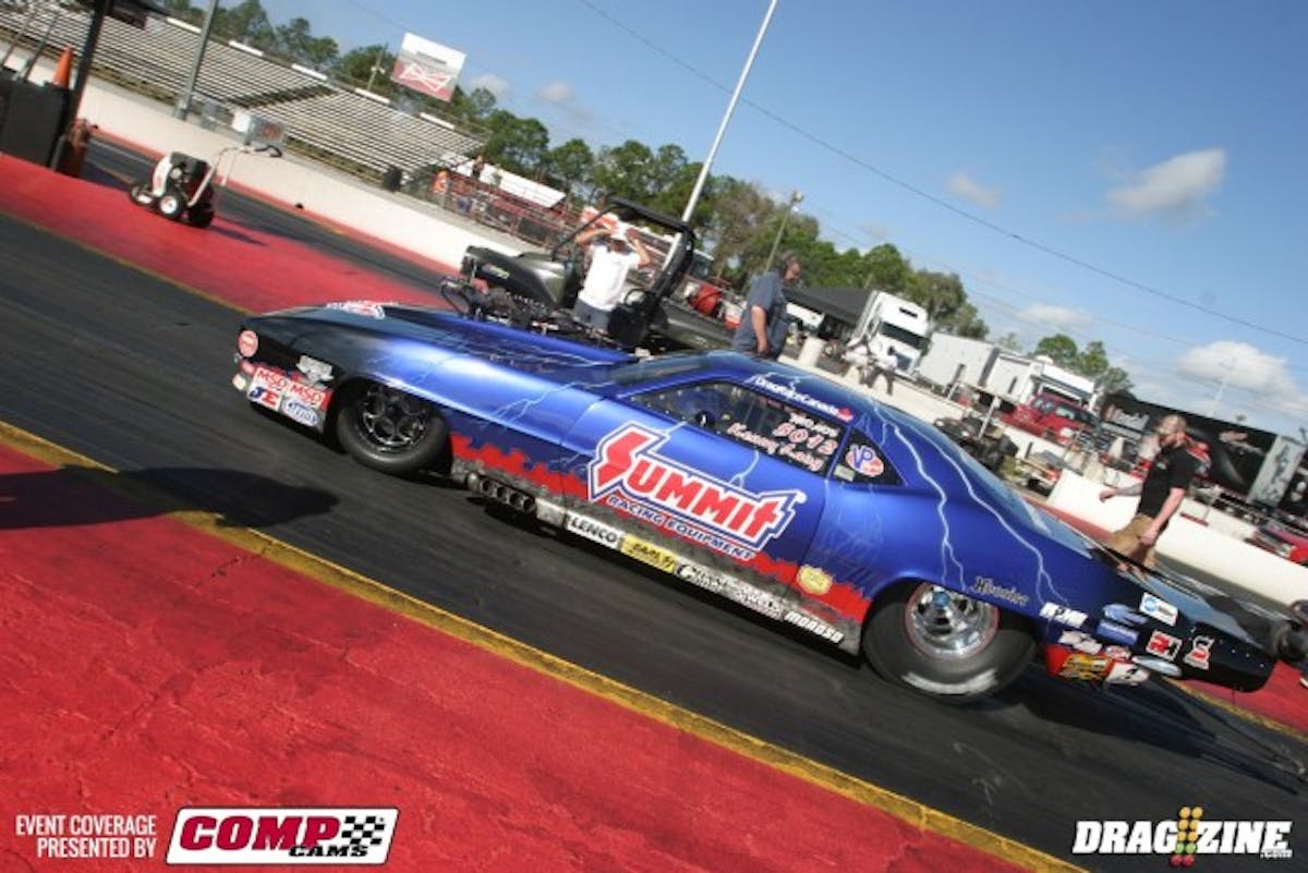 Kenny Lang's Summit Racing Pro Mod made several laps on Tuesday, but he battled through tire shake, and still ran a 6.11 at 235 mph, a 5.99 at 240 mph, and a 6.17 at 235 mph.