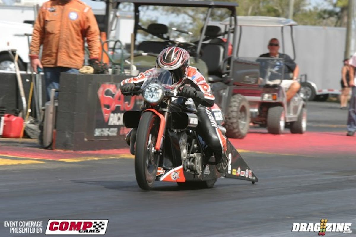 The Harley Davidson V-Rods of Andrew Hines and Eddie Krawiec were testing at Bradenton, and from what we saw, Krawiec was the quicker of the two with a 6.88 and a 6.87. Hines is the defending champion, but his biggest competition in 2015 could come from his teammate. 