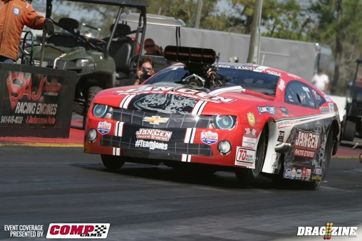 Mike Janis brings a supercharged Hemi to Pro Mod, and was able to run a 6.07 at 243 mph. In the heat of the day, many Po Mod racers were shaking the tires, and at that point, Bradenton's track personnel scraped the starting line to help racers get some starting line grip. 
