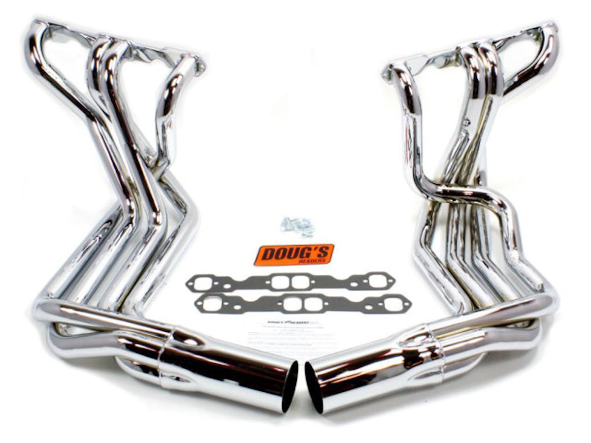 Side Mount Headers for C2s and C3s come in three different finishes: black, chrome (pictured), or ceramic coated.