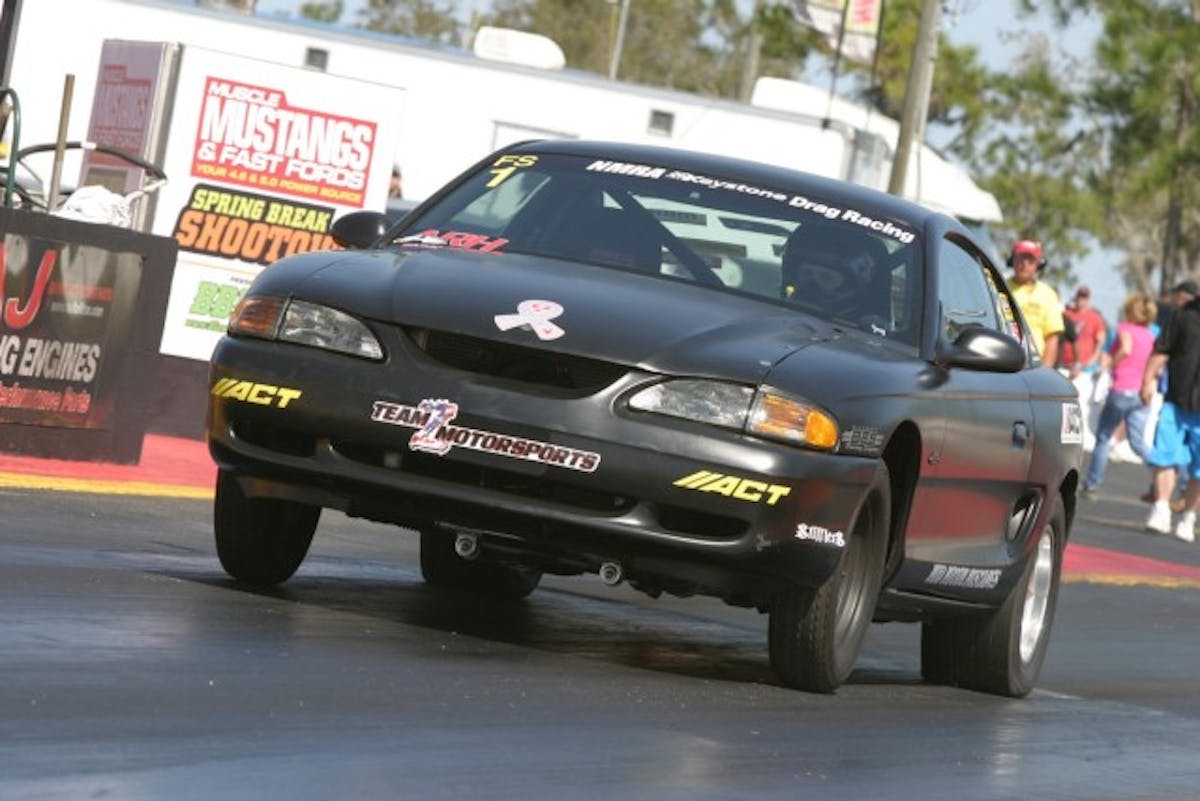 The Coyote -swap cars in Factory Stock still have to get through Matt Amrine's little To-Valve. Amrine won Factory Stock over James Meredith with a 10.73 vs a 10.86.