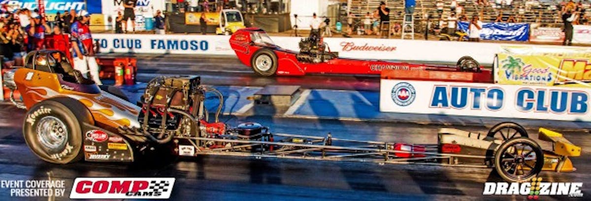 Tony Bartone in the near lane, Defeats Adam Sorokin in the final round of Nostalgia Top Fuel.