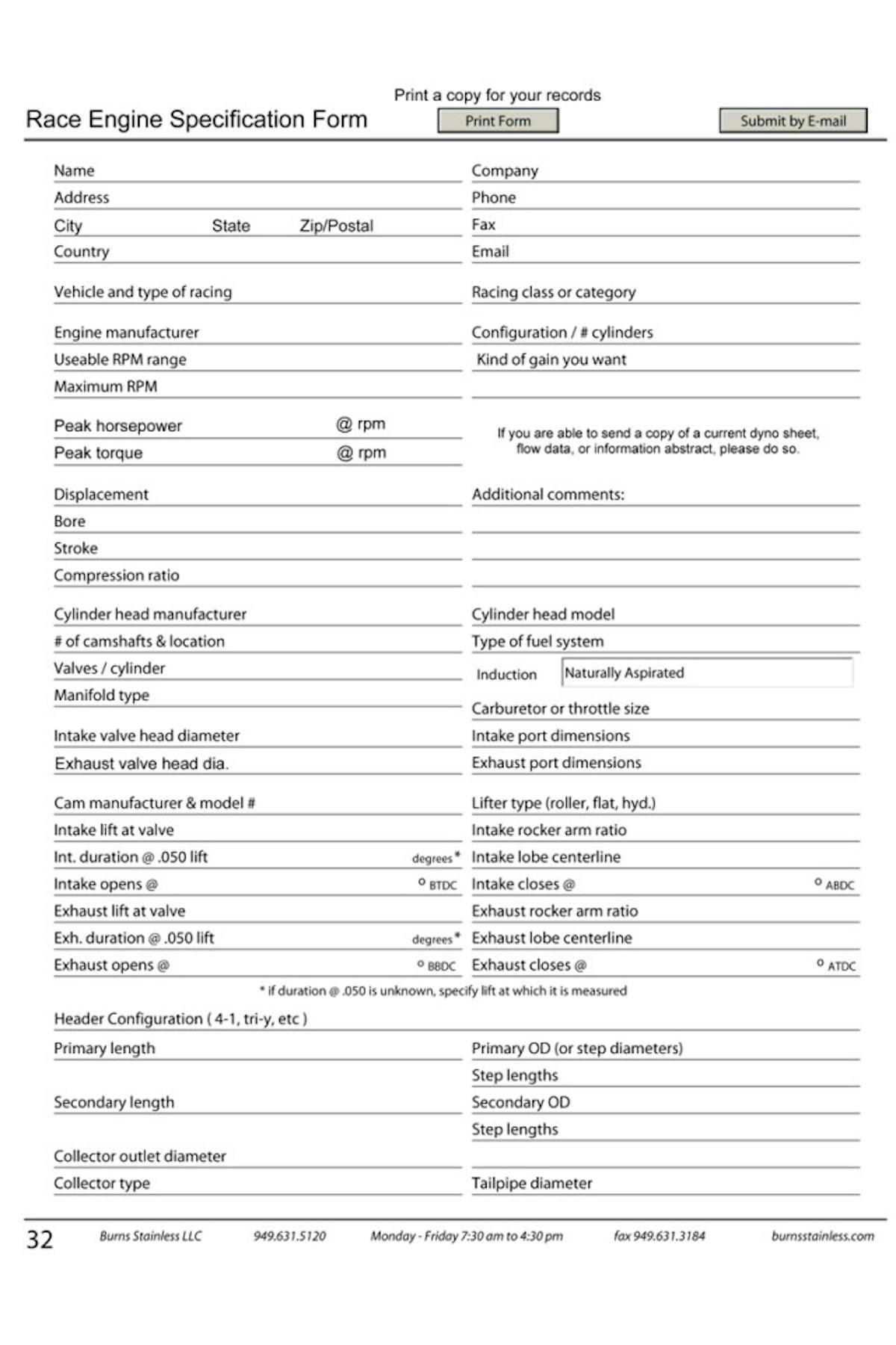 The parameters required for Burns to input into their X-Deisgn program, which assists in specifying optimum header dimensions and materials.