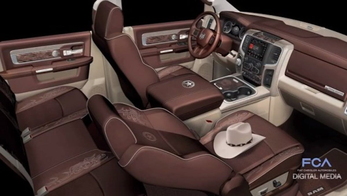 The big selling point of the Texas Ranger concept is the interior: authentic walnut door inserts, Laramie Longhorn leather seats, and galvanized finishes on all metal surfaces.