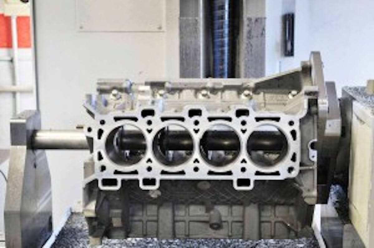 During the block sleeving process, the factory sleeves are machined out and the new, ductile-iron Livernois oversized sleeves are installed. Final bore dimensions are 3.700-inch.