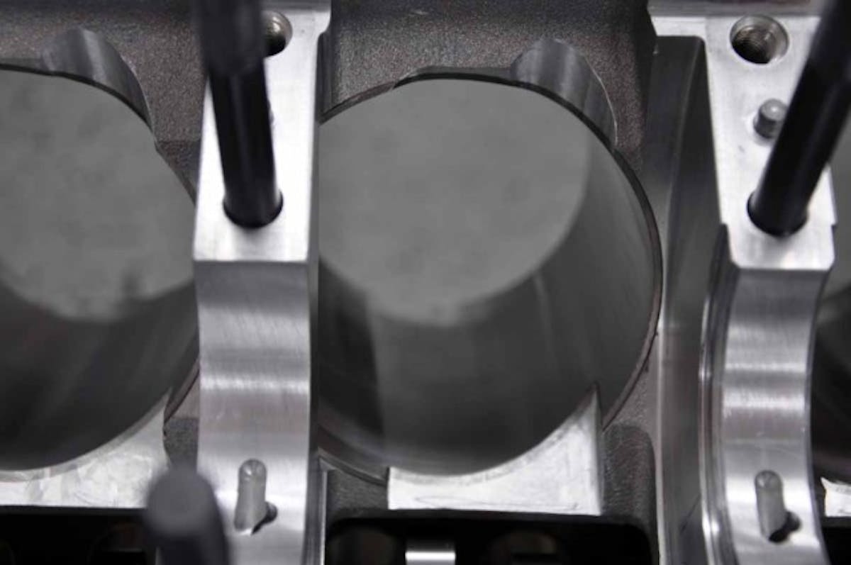 On order to use the long-arm crankshaft, the block needed reliefs machined in on both the inner and outer sides of the bore. LME's Bryan Neelen tells us that this process was performed on a Bridgeport mill, as the process if difference for every block and stroke combination it doesn't make sense to write CNC programs to perform the operations.