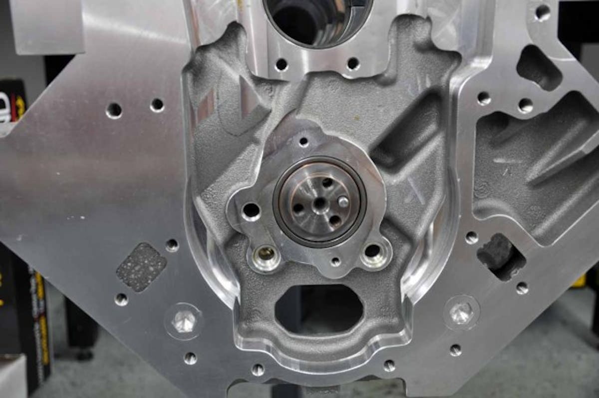 The tall-deck (9.750-inch) cast aluminum engine block used in this build sports a camshaft location that has been raised by .388-inch to allow for long-arm crankshaft clearance.