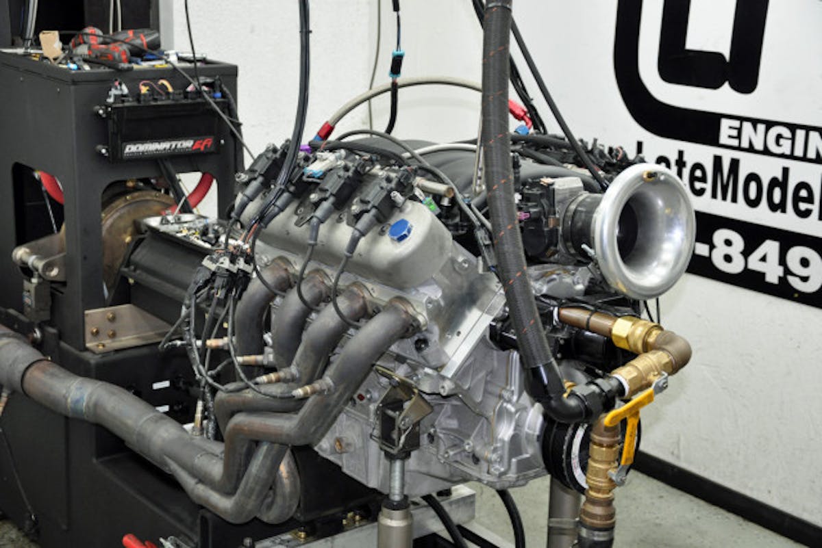 The test subject engine wearing the stock intake manifold. This engine is a fair representation of a modified LS engine, and provides an excellent basis for this test.