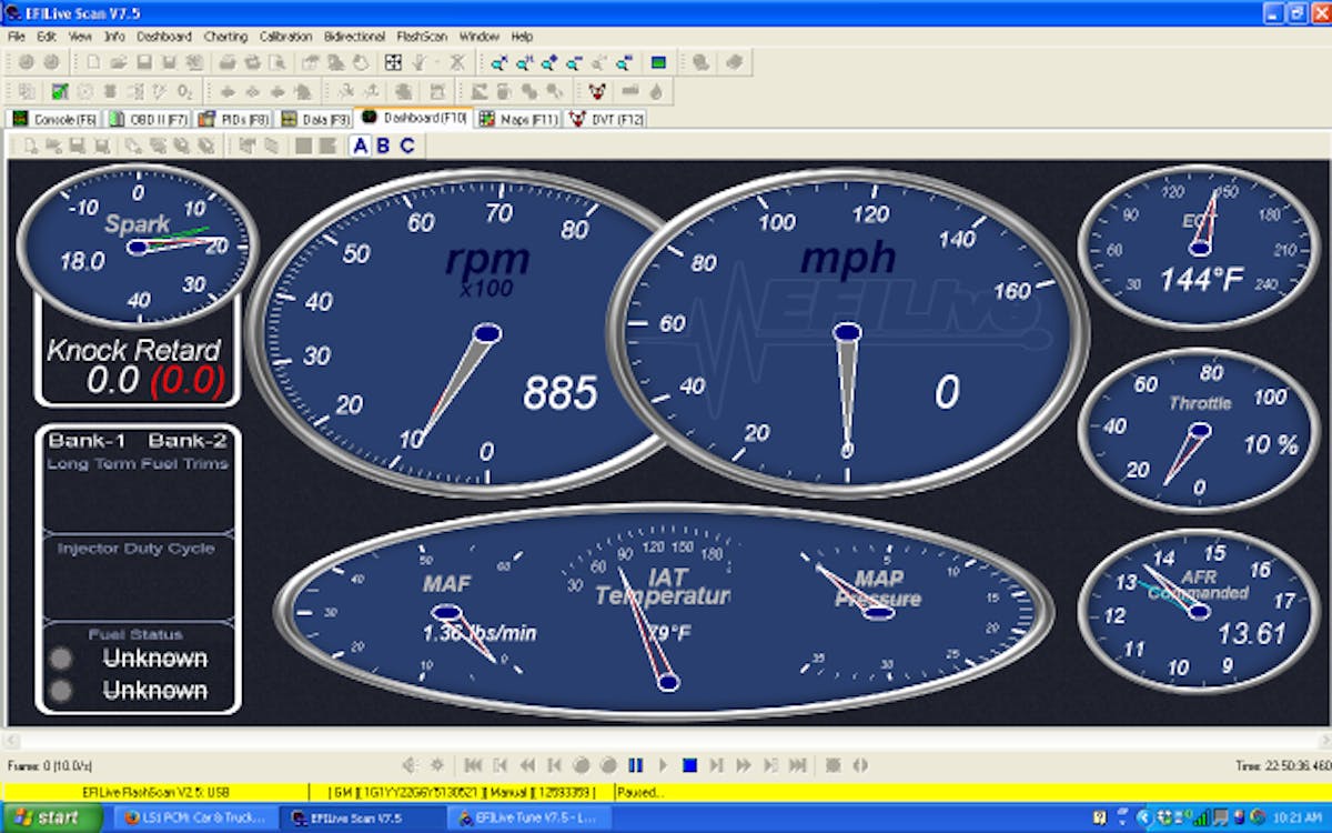 Any of the PID parameters can be viewed live via a configurable dashboard through the scan tool.