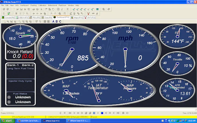 Any of the PID parameters can be viewed live via a configurable dashboard through the scan tool.