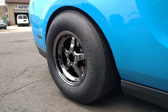 The all-important shot of the tire on the car. It fits perfectly in the wheelwell with no rubbing, even though this car is lowered approximately 1.25-inch in the rear