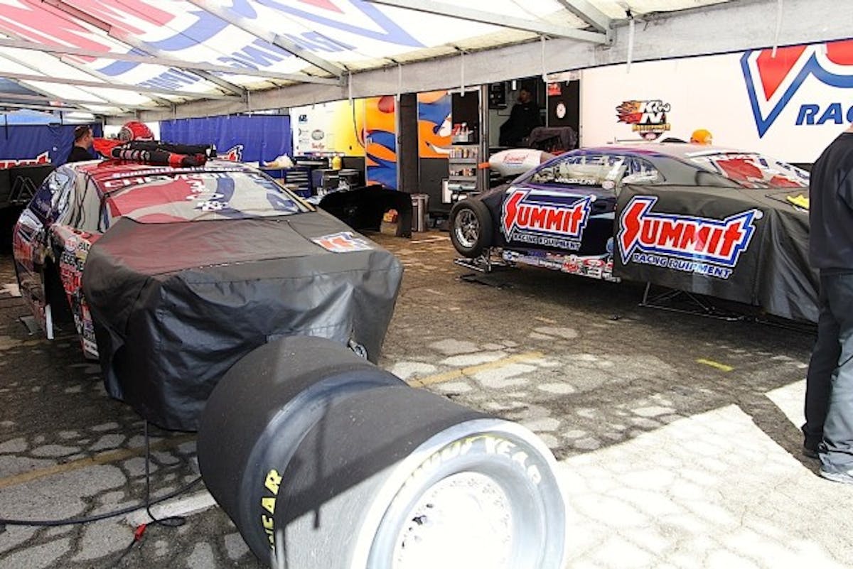 KB Racing with Greg Anderson and Jason Line have won six NHRA Pro Stock championships in this century and won't allow even the slightest peek at their equipment in the pits. Everything gets covered.