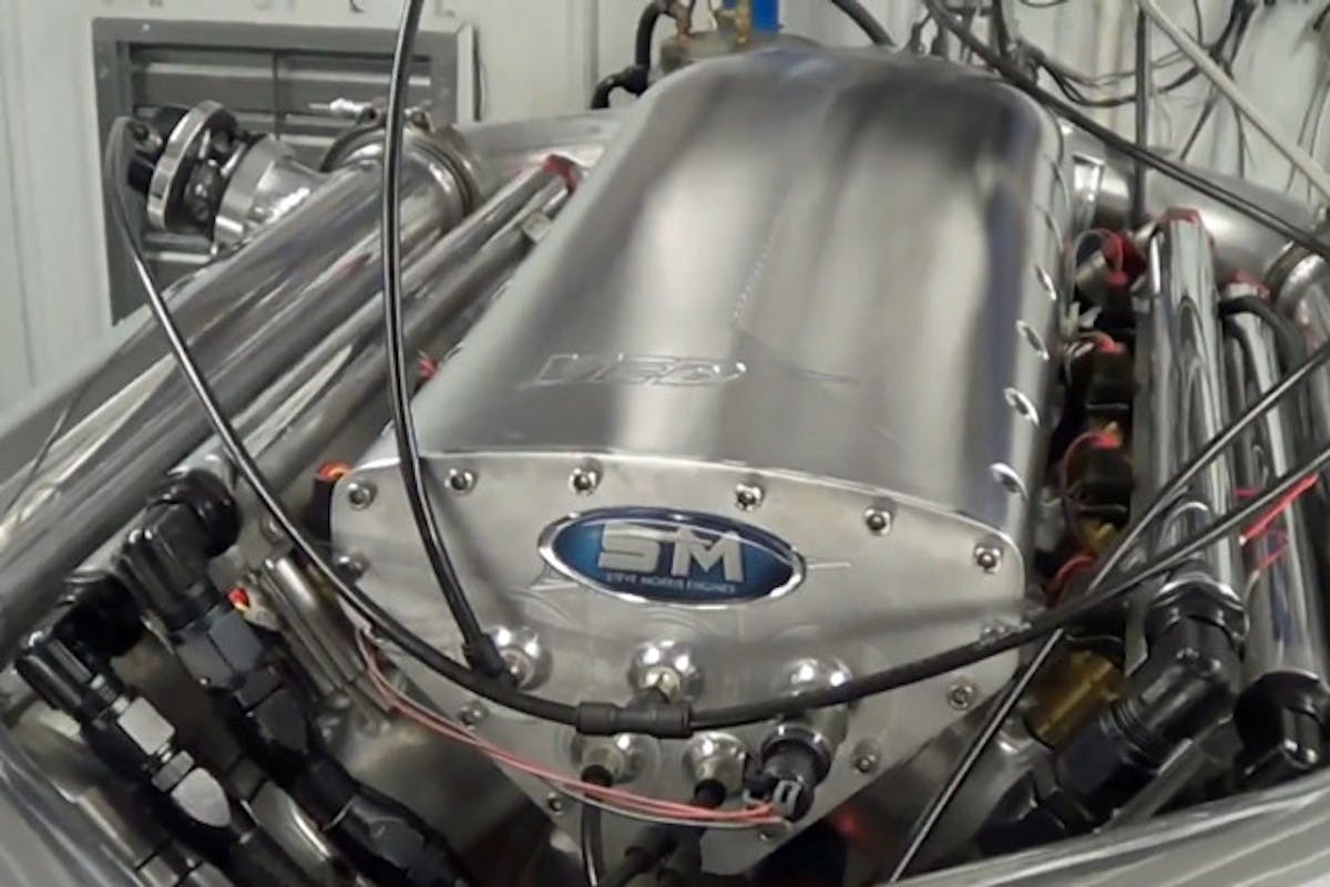 A view of the Visner Engine Development billet intake manifold, and the two sets of fuel rails. This engine requires a mountainous amount of fuel supply due to the non-intercooled, methanol-fueled design.