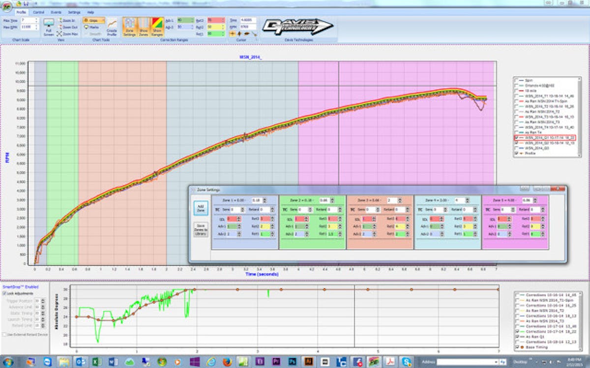 Engine timing for each range on the profile is programmed into the system in these zones, using the drop-down tab options. In Zone 1, for example, which covers just the first 0.2 seconds of the run from the release of the transbrake, the Profiler is set to advance as many as two degrees and retard as much as three degrees across the full range of the profile.