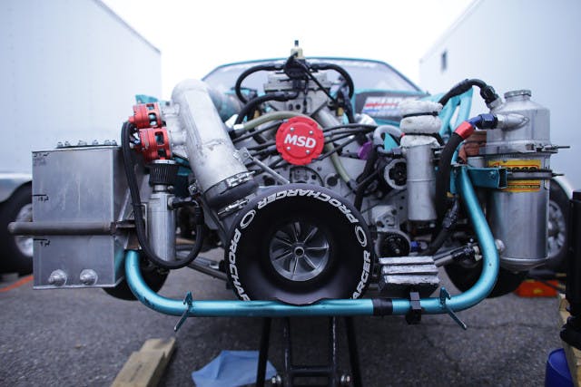 The bellmouth on the front of David Pearson's world record-holding Outlaw 275 Mustang, sporting an F-3R-136 blower.