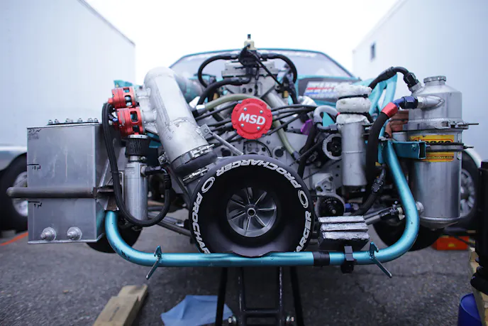 The bellmouth on the front of David Pearson's world record-holding Outlaw 275 Mustang, sporting an F-3R-136 blower.