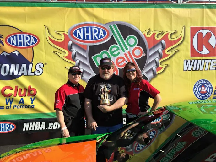 Here is Aerospace's Kim Cussy presenting Bryan Broaddus the Excellence in Engineering Wally at the NHRA Winternationals back in February.