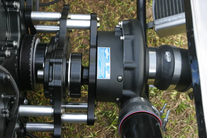 The ProCharger F-1C 10.5 with a custom black powder coat finish matches that of the ATF Speed gear drive's black anodized finish.