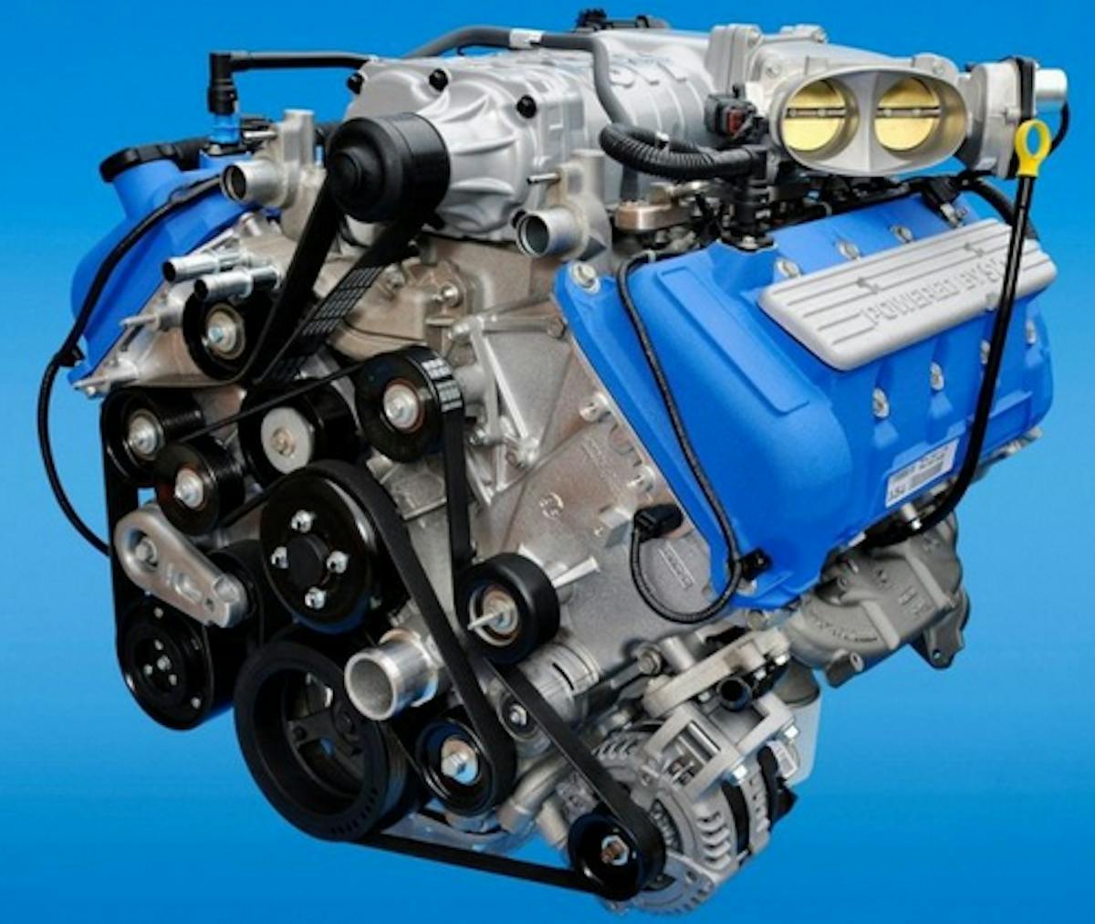 The supercharged 5.8-liter Trinity engine as found in the 2013/14 Shelby GT500 Mustang.