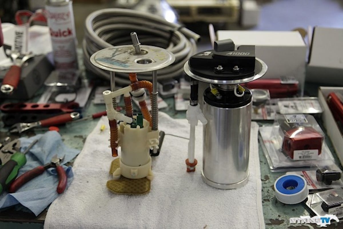 Here's Aeromotive's A1000 fuel pump assembly for 2005-'14 Mustangs. It's designed to be installed in place of the factory fuel pump assembly, yet be able to support 1,000 horsepower.